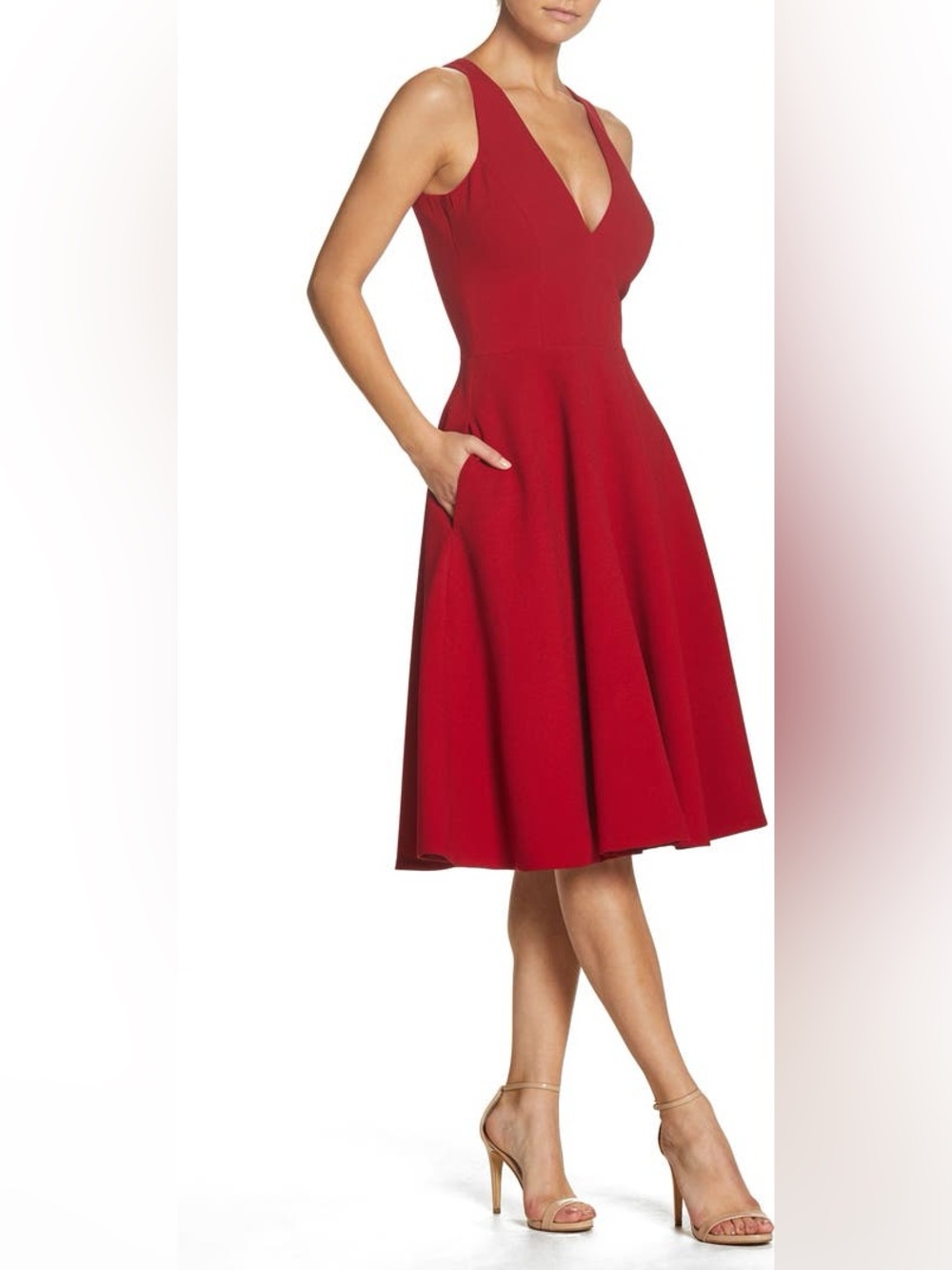 DRESS THE POPULATION Catalina Fit & Flare Cocktail Dress – Red Rouge - Picture 8 of 10